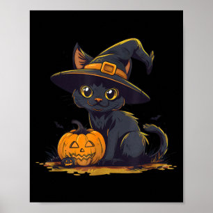 Poster Gatinho Preto do Dia das Bruxas Chapéu de Bruxa Ab