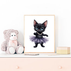 Poster Gatinho Preto Elegante Bailarina em Tutu Roxo
