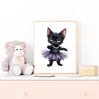Poster Gatinho Preto Elegante Bailarina em Tutu Roxo