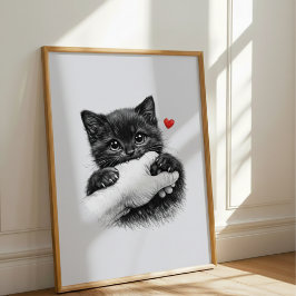 Poster Gatinho Preto Fofo Mordendo a Mão com Amor Ouça
