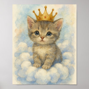 Poster Gatinho Real Caprichoso Usando Coroa na Nuvem