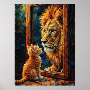 Poster Gatinho Vendo Reflexo de Leão Motivacional Impasto