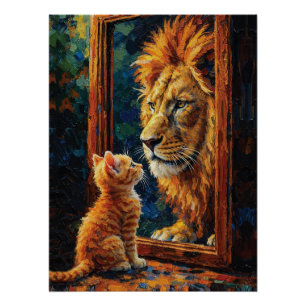 Póster Gatinho Vendo Reflexo de Leão Motivacional Impasto