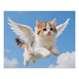 Póster Gatinho Voador Fofo Calico Tabby Céu Azul