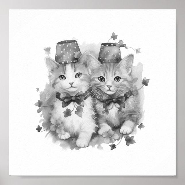 Poster Gatinhos pretos e brancos com chapéus (Frente)