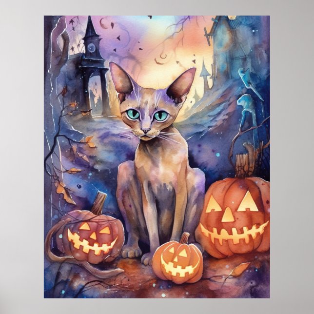 Poster Gato Abissino Do Halloween Com Pumpkins Assustado (Frente)