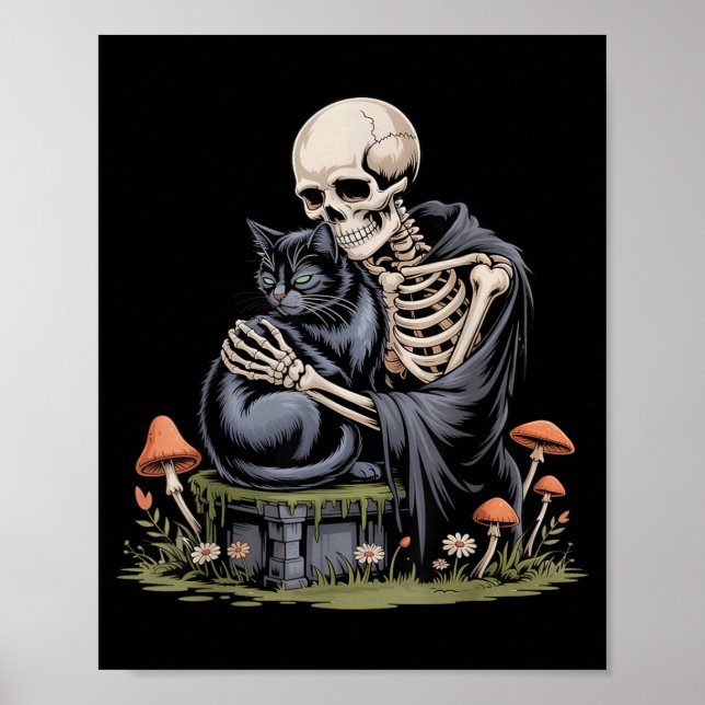 Poster Gato Abraçando Esqueleto em Preto Gótico de Hallow (Frente)