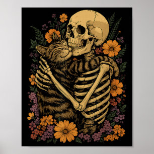 Poster Gato Abraçando Esqueleto Floral Gatos Amantes do H