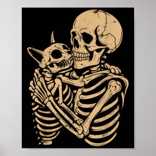 Poster Gato Abraçando Esqueleto Halloween Gato Divertido