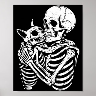 Poster Gato Abraçando Esqueleto Halloween Gato Engraçado 
