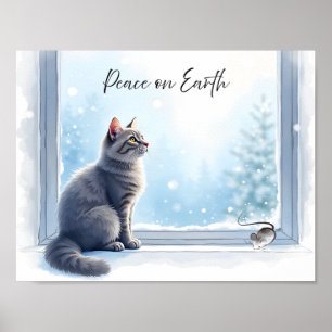 Poster Gato Aconchegante e Rato pela Janela Arte em Aquar