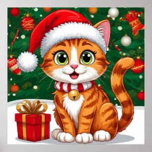 Poster Gato Adorável com Chapéu de Papai Noel e Presente