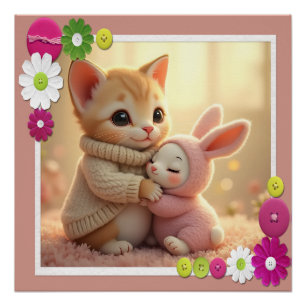 Póster Gato adorável e coelhinho pequeno,