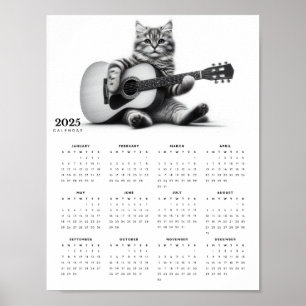 Poster Gato Adorável Jogando Violão Acústico 2025 Calendá