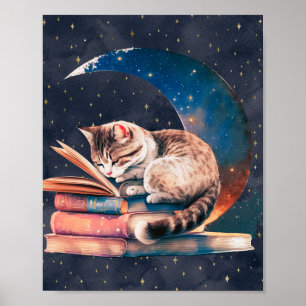 Poster Gato Adorável na Lua Lendo Um Livro