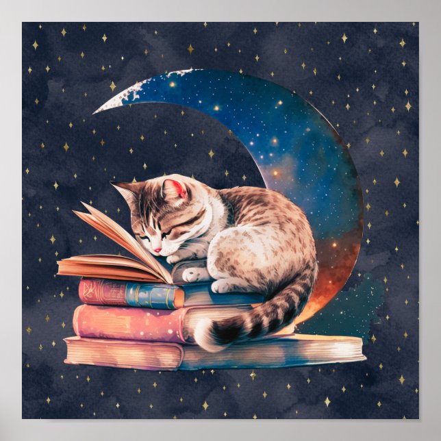 Poster Gato Adorável na Lua Lendo Um Livro (Frente)
