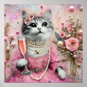 Poster Gato Adorável num Vestido Rosa com Pérolas
