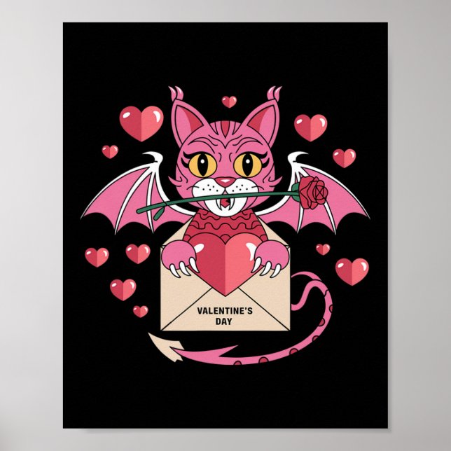 Poster Gato Adorável Rosa Com Asas Para O Dia Dos Namorad (Frente)