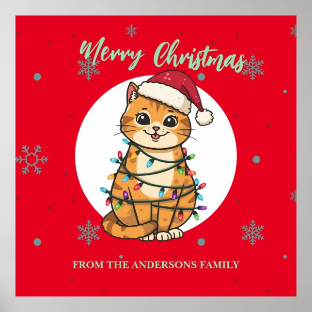 Poster Gato alegre vermelho moderno floco de neve Natal g (Frente)