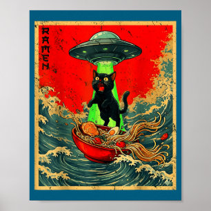 Poster Gato Alien Ramen Pai Ufo Japonês Vintage Gato Engr