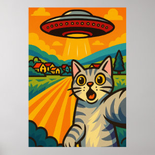 Poster Gato Alienígena Engraçado Arte Pop Retro Abdução p