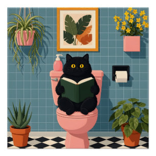 Póster Gato Amante de Livros Fofo Arte de Banheiro