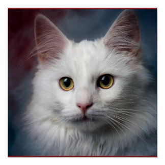 Póster Gato Angorá Turco Branco Azul Vermelho