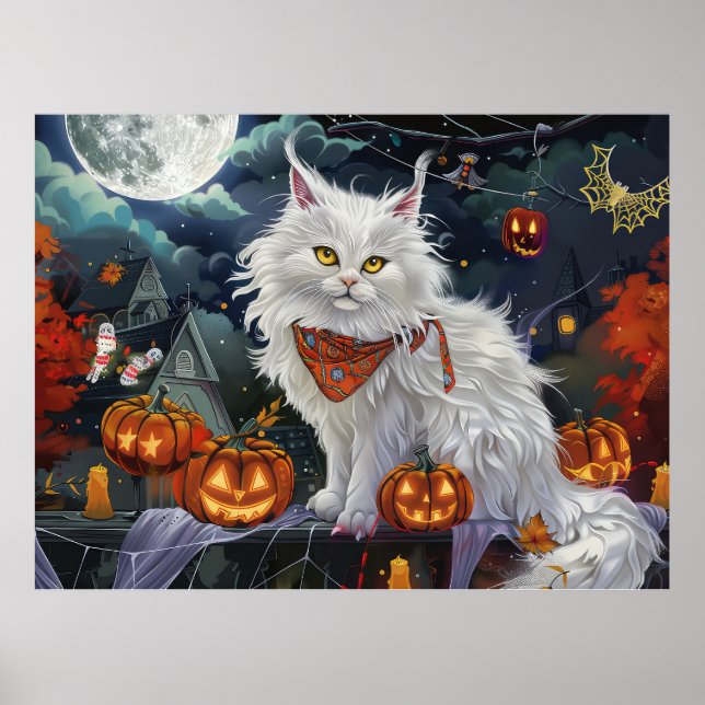 Poster Gato Angorá Turco Halloween Assustador (Frente)