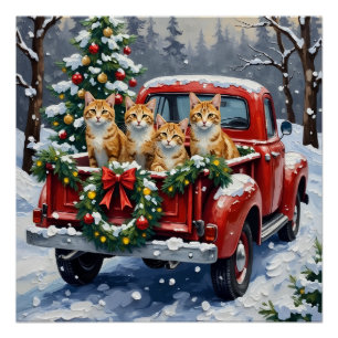 Póster Gato Angora Turco Natal Caminhão Vermelho Feriado