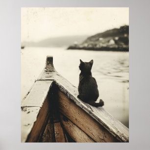 Poster Gato Antigo em Barco Tom Sépia