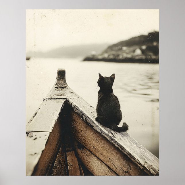 Poster Gato Antigo em Barco Tom Sépia (Frente)