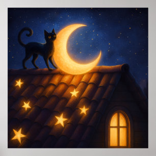 Poster Gato ao Luar em Telhado Estrelado
