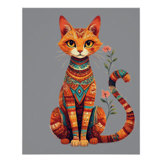 Póster Gato Artístico Fofo com Ramo Floral