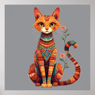 Poster Gato Artístico Fofo com Ramo Floral