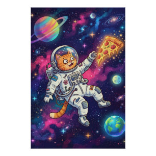 Póster Gato Astronauta Engraçado Flutuando Pizza Espaço G