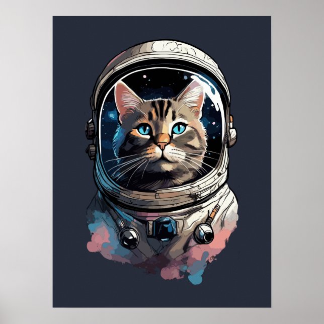 Poster Gato Astronauta Na Arte Por Aquarela Espacial (Frente)