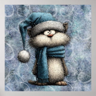 Poster Gato Azul de Natal de Inverno com Chapéu e Cacheco