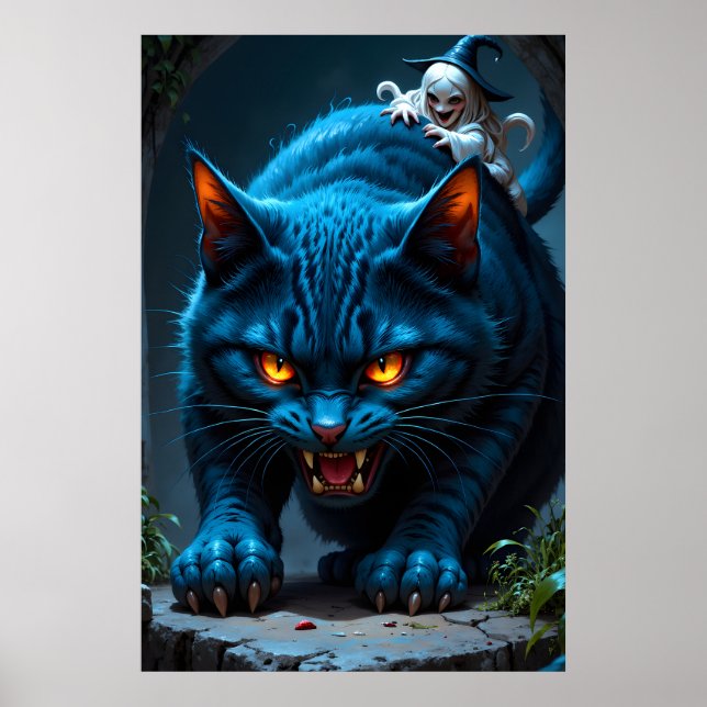 Poster Gato azul enorme com uma bruxa malvada em um cenár (Frente)