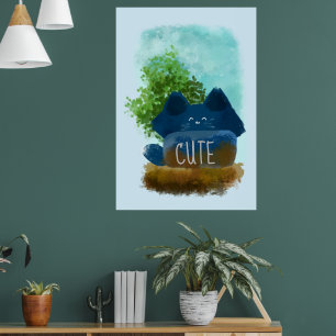 Poster Gato Azul Fofo Escondido de Desenho Animado Fofo