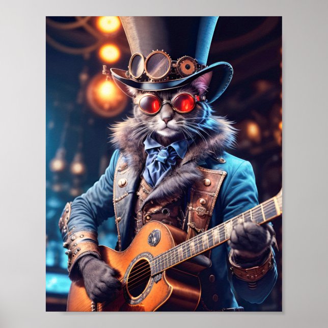 Poster Gato azul no vestido steampunk tocando violão no b (Frente)