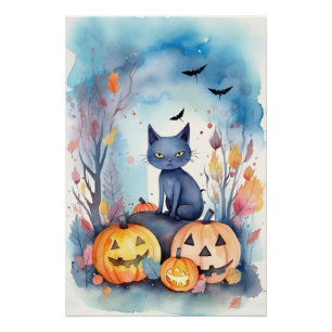 Póster Gato Azul Oriental de Halloween com Abóboras Assus