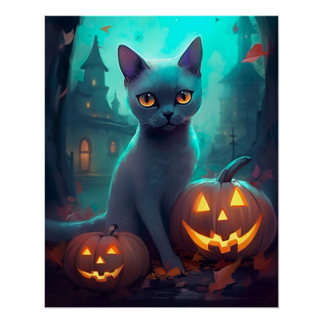 Póster Gato Azul Russo de Halloween com Abóboras Assustad (Frente)