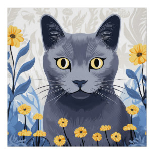 Póster Gato Azul Russo Flores Amarelas