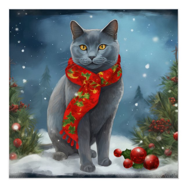 Póster Gato Azul Russo na Neve Natal (Frente)