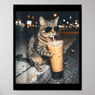 Poster Gato Bebendo Café Gelado Piada de Animal Meme Home