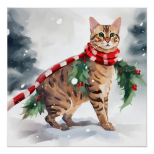 Póster Gato Bengal na neve de Natal 