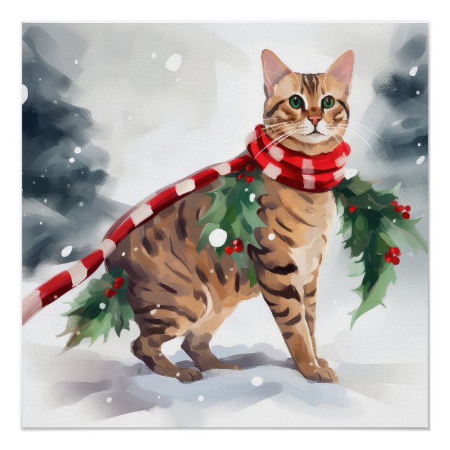 Póster Gato Bengal na neve de Natal  (Frente)
