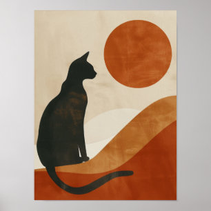 Poster Gato Boho Silhueta Minimalista Abstrato do Pôr d