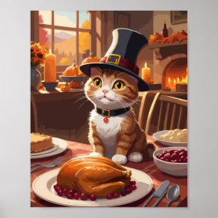 Poster Gato bonito com a Turquia de Ação de Graças
