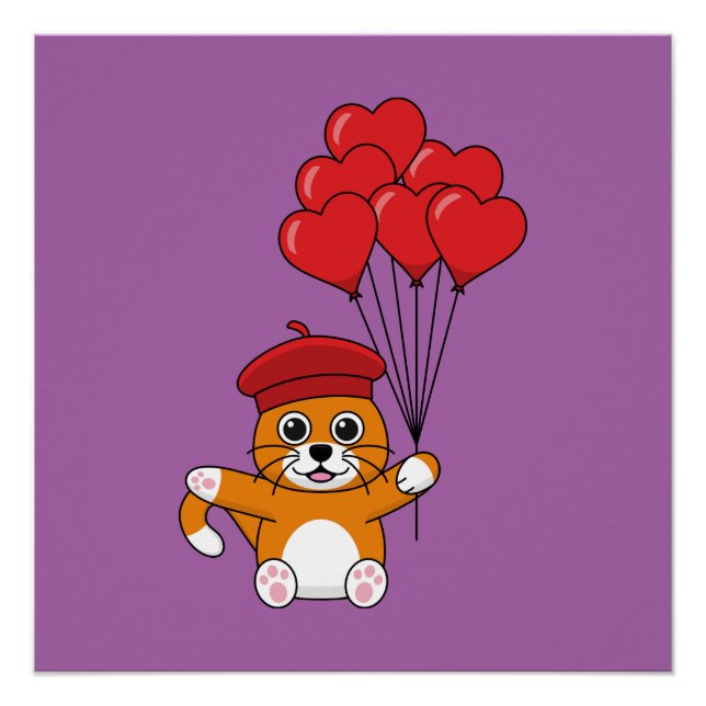 Póster Gato Bonito com Balões de Coração Vermelho (Frente)